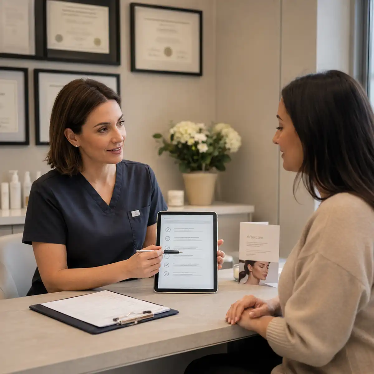 Warning signs displayed at an aesthetic clinic in Marylebone highlighting the importance of licensed products and regulated practitioners