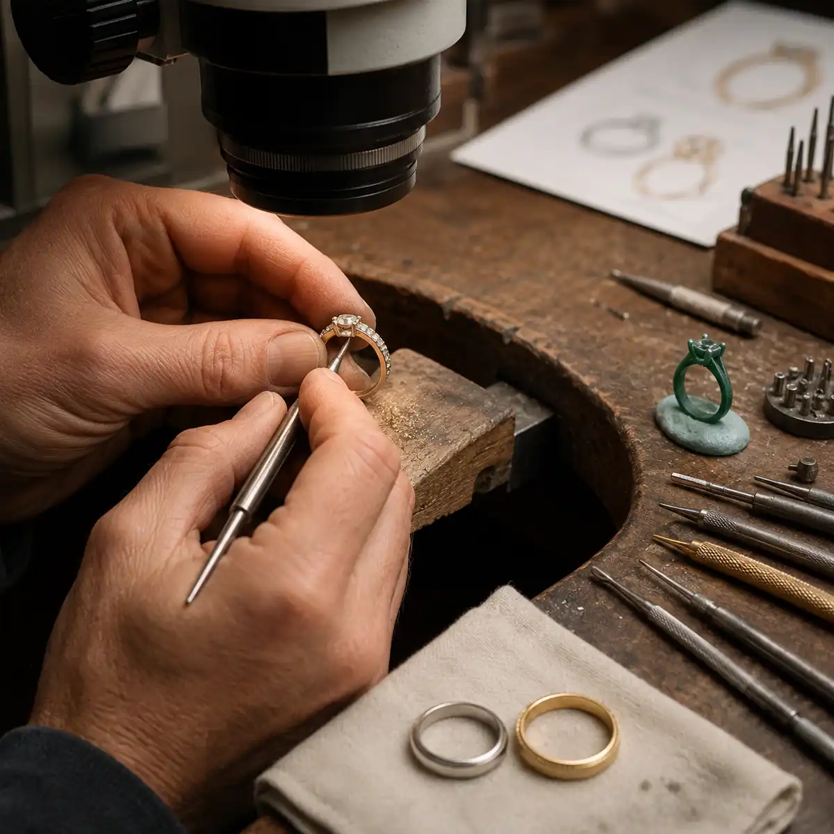 Metal and Finish Options Hatton Garden Selection of metal samples and finish options for bespoke fine jewellery at Smith and Green Jewellers, Hatton Garden, including platinum and gold alloys