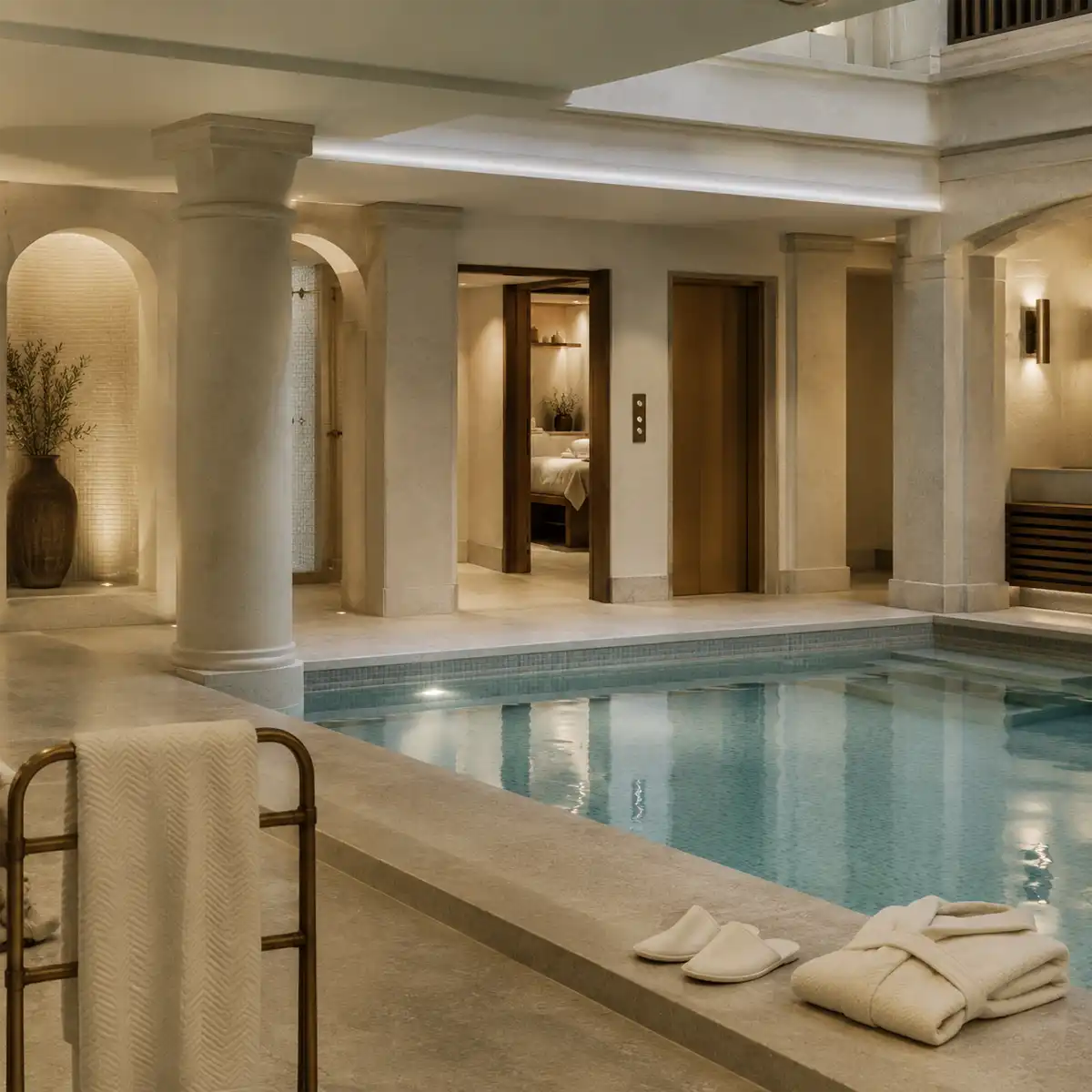 Subterranean pool and thermal suite at Chuan Body and Soul spa beneath The Langham, a luxury spa day Marylebone destination