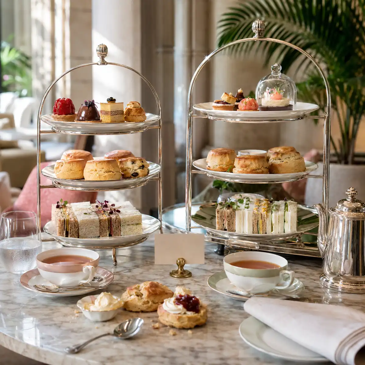 Landmark Winter Garden Atrium Tea The Landmark London's Winter Garden atrium with towering palms and glazed Victorian roof, setting for afternoon tea Marylebone