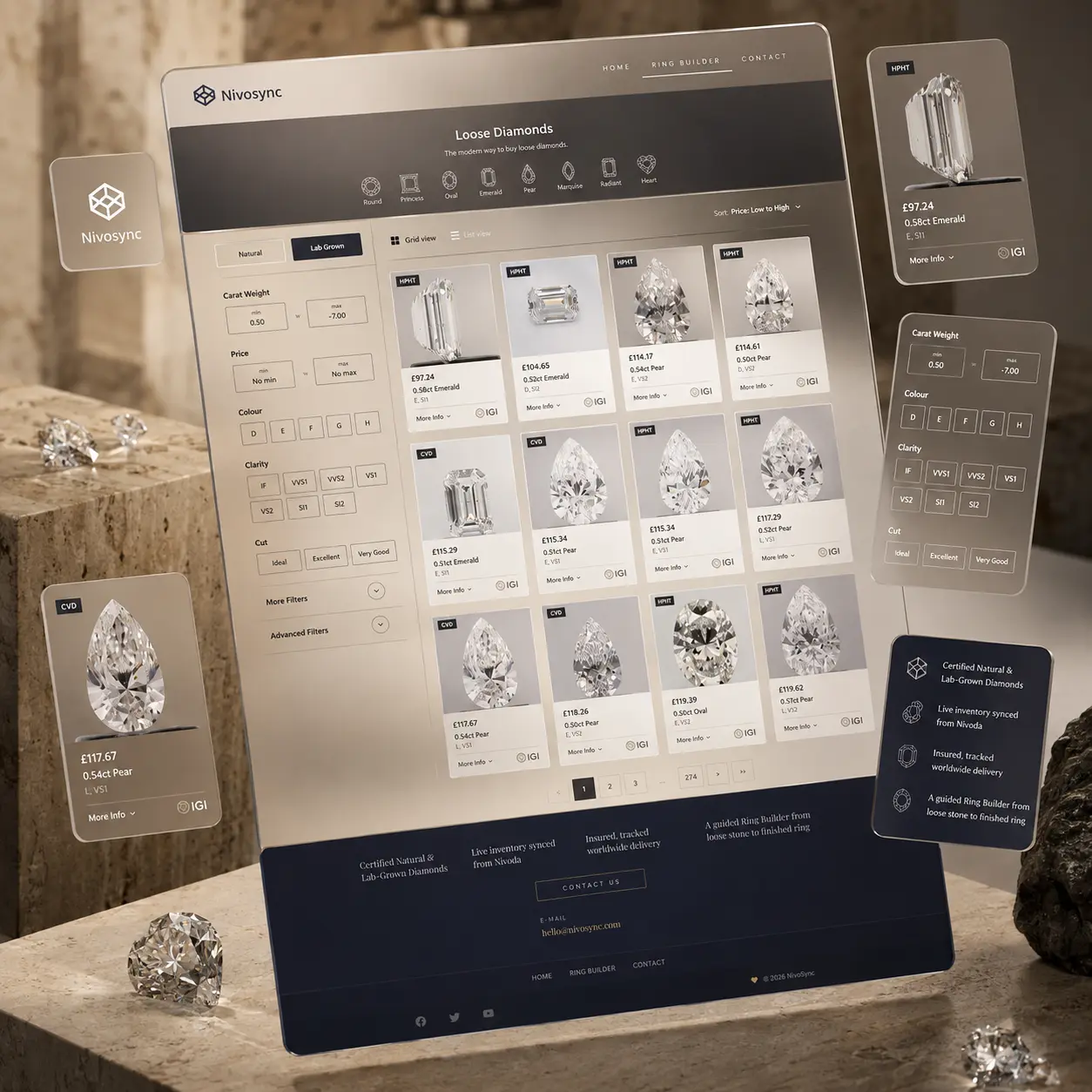 Loose diamond catalogue page listing certified natural and lab grown stones with prices