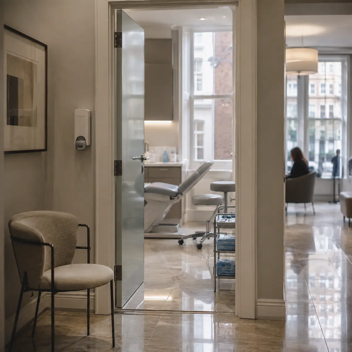 A face-to-face consultation at an aesthetic clinic in Marylebone, showing a practitioner reviewing a patient's medical history before treatment