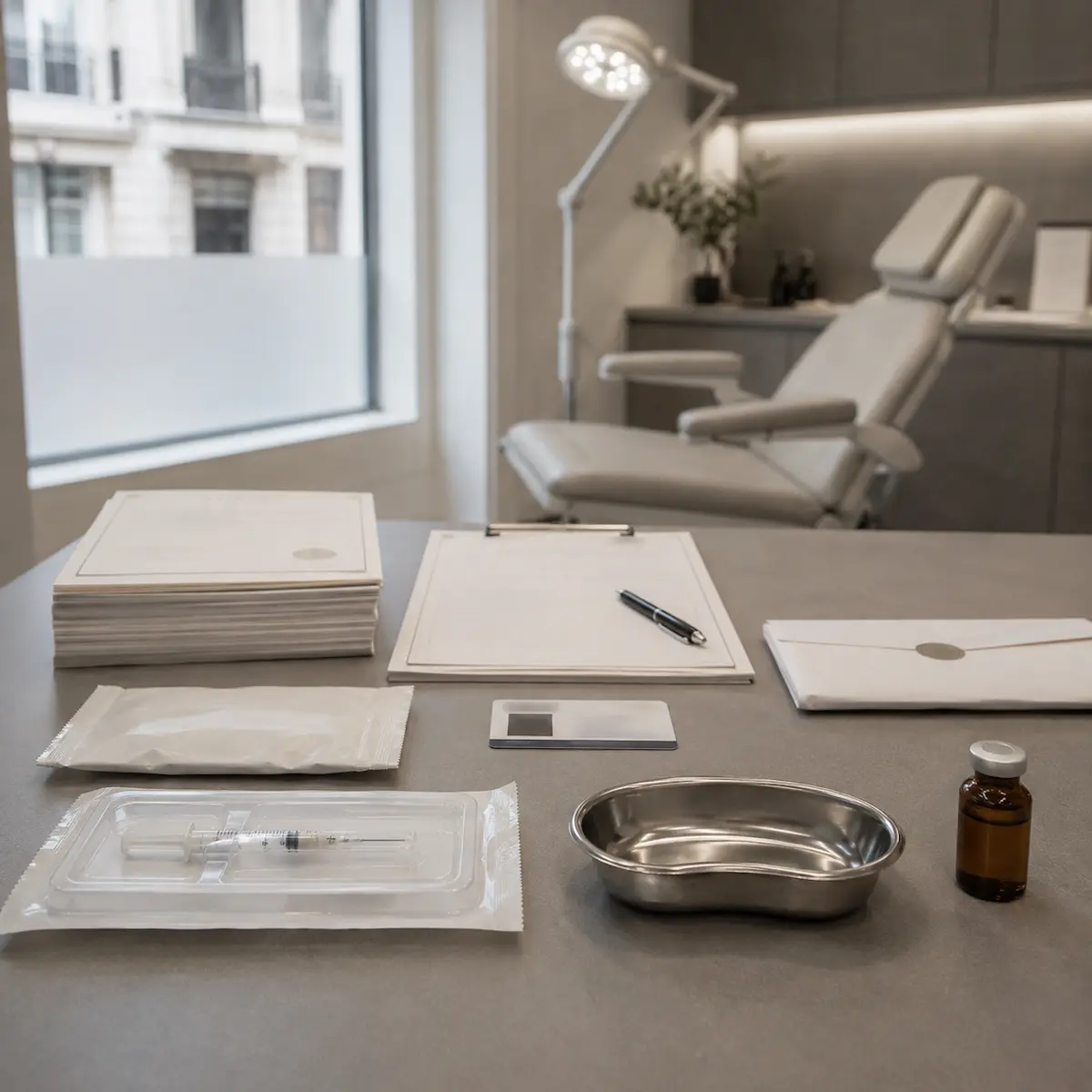 A practitioner's credentials and voluntary register listing displayed at a Marylebone aesthetic clinic, illustrating safety standards