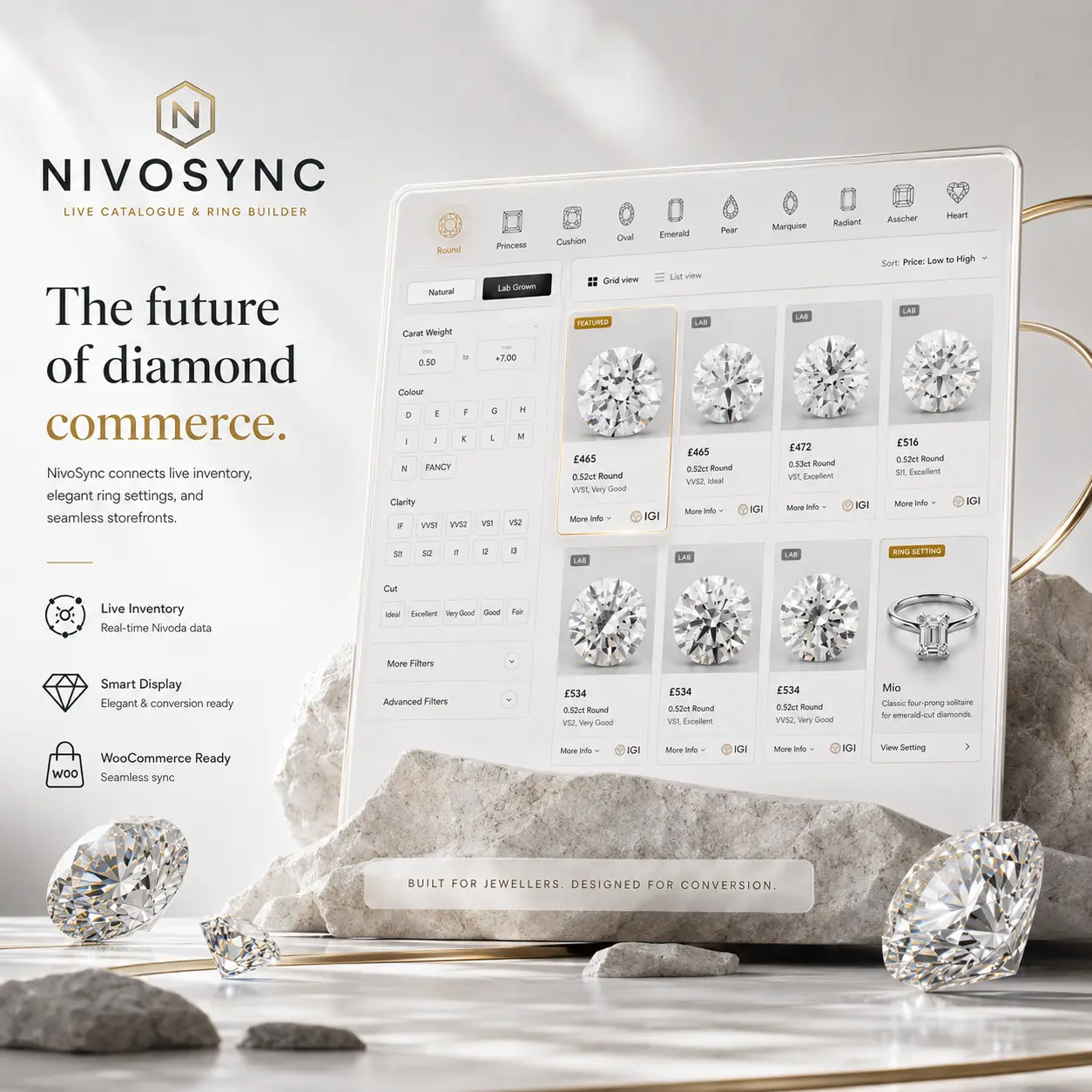 Diamond catalogue toggle comparing natural and lab grown certified stones side by side