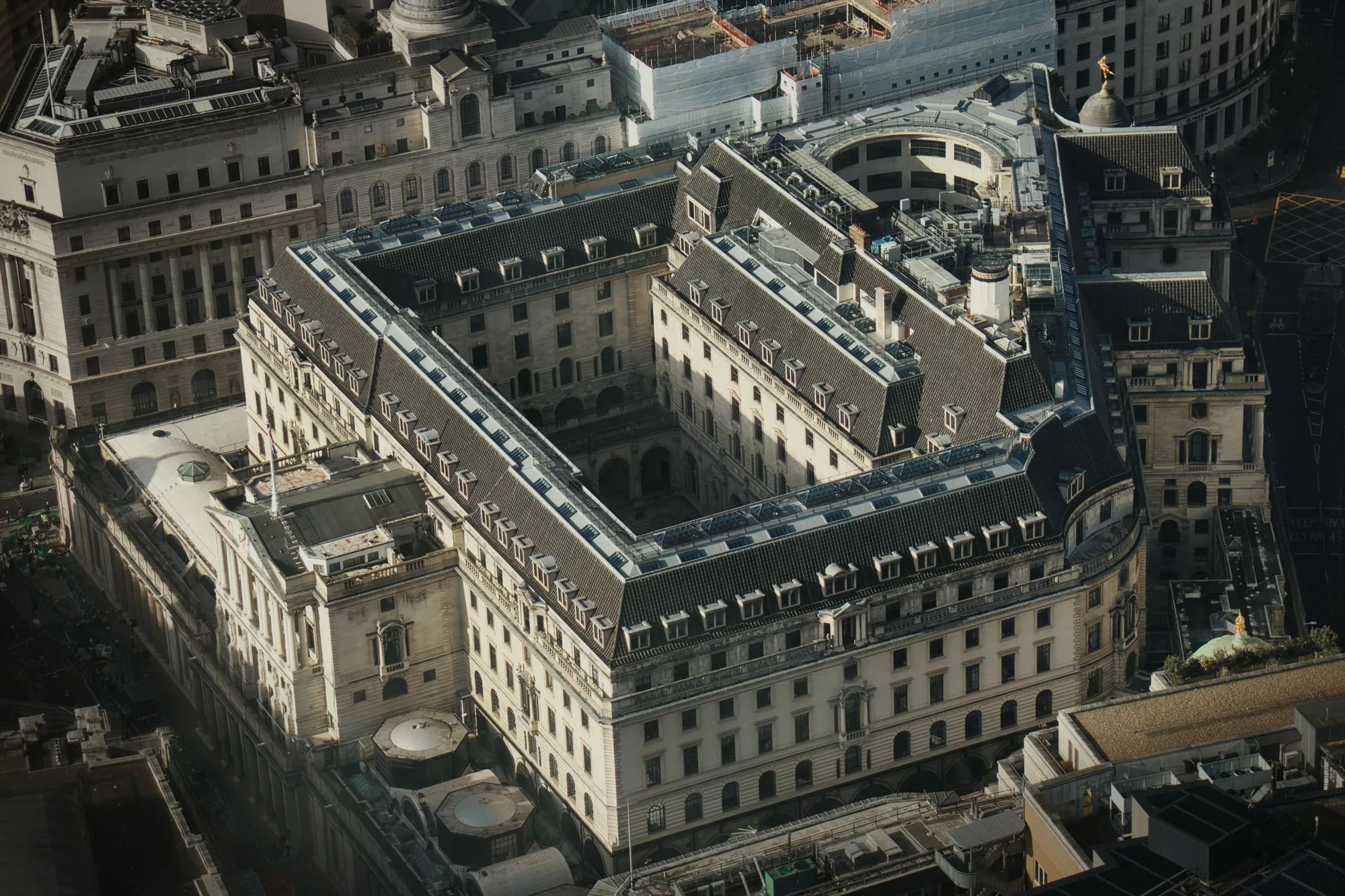 Aerial view of the Bank of England in the City of London, home of UK central bank interest rate decisions