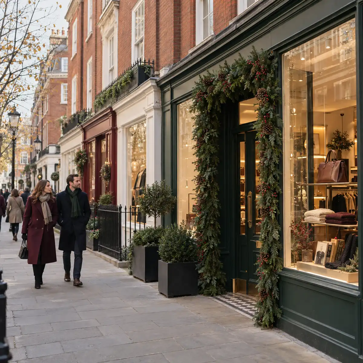 Marylebone High Street at Christmas Marylebone High Street decorated with Christmas lights for the festive season, ideal for luxury Christmas shopping in Marylebone village