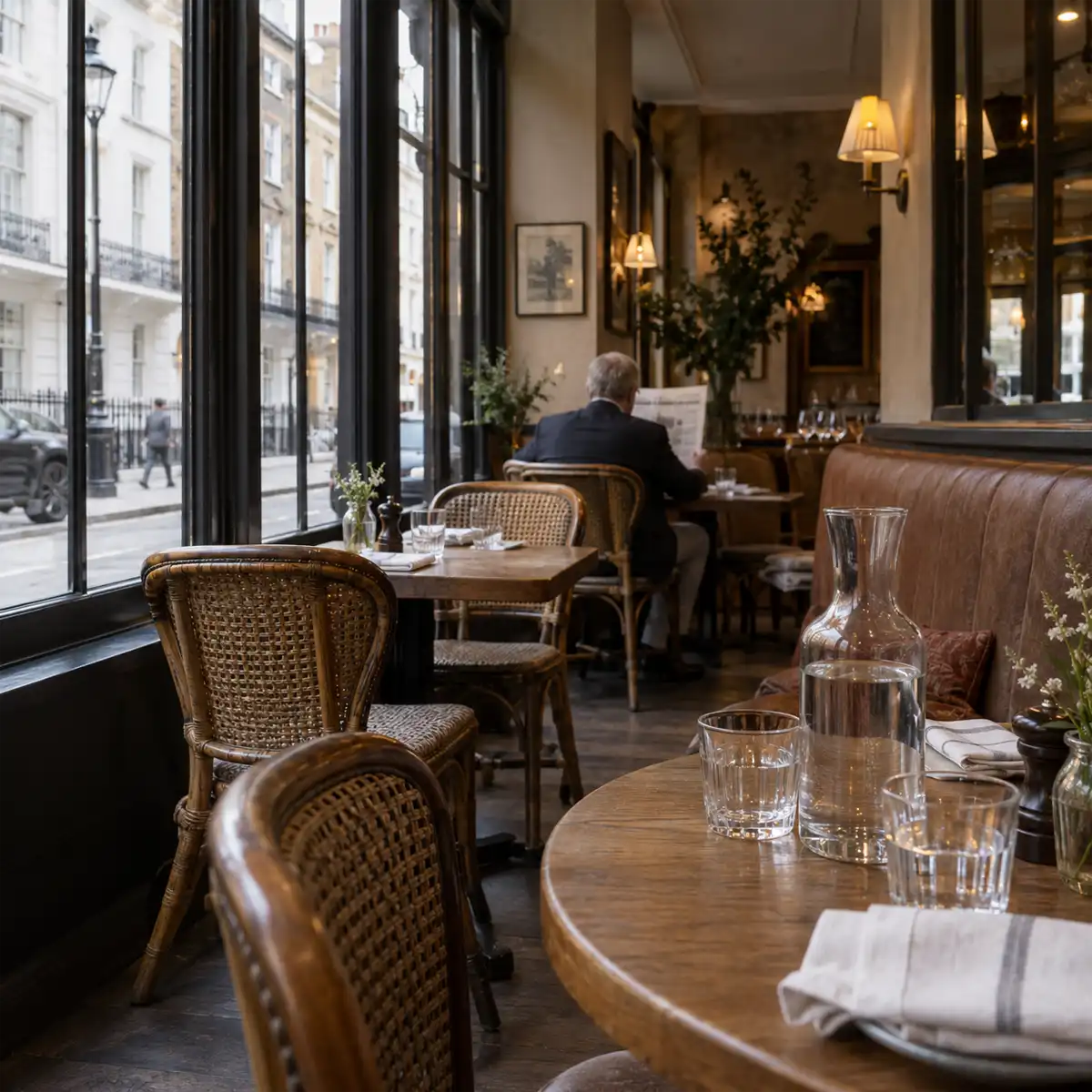 Marylebone Lane dining mix Marylebone Lane streetscape showing the mix of independent restaurants and pubs that define Parisian-style neighbourhood dining in W1