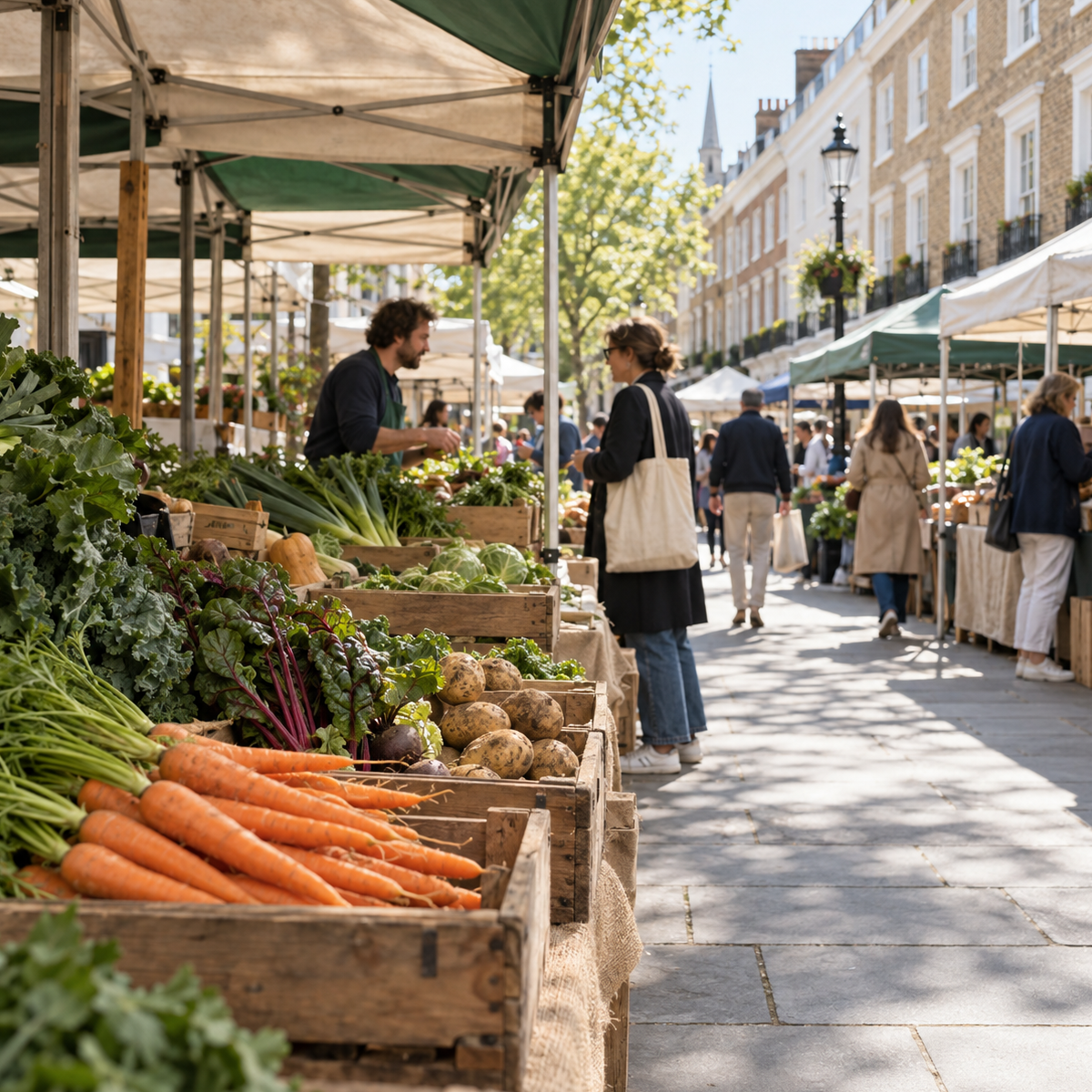 Early morning at Marylebone Farmers' Market with seasonal produce stalls filling the Cramer Street car park on a Sunday