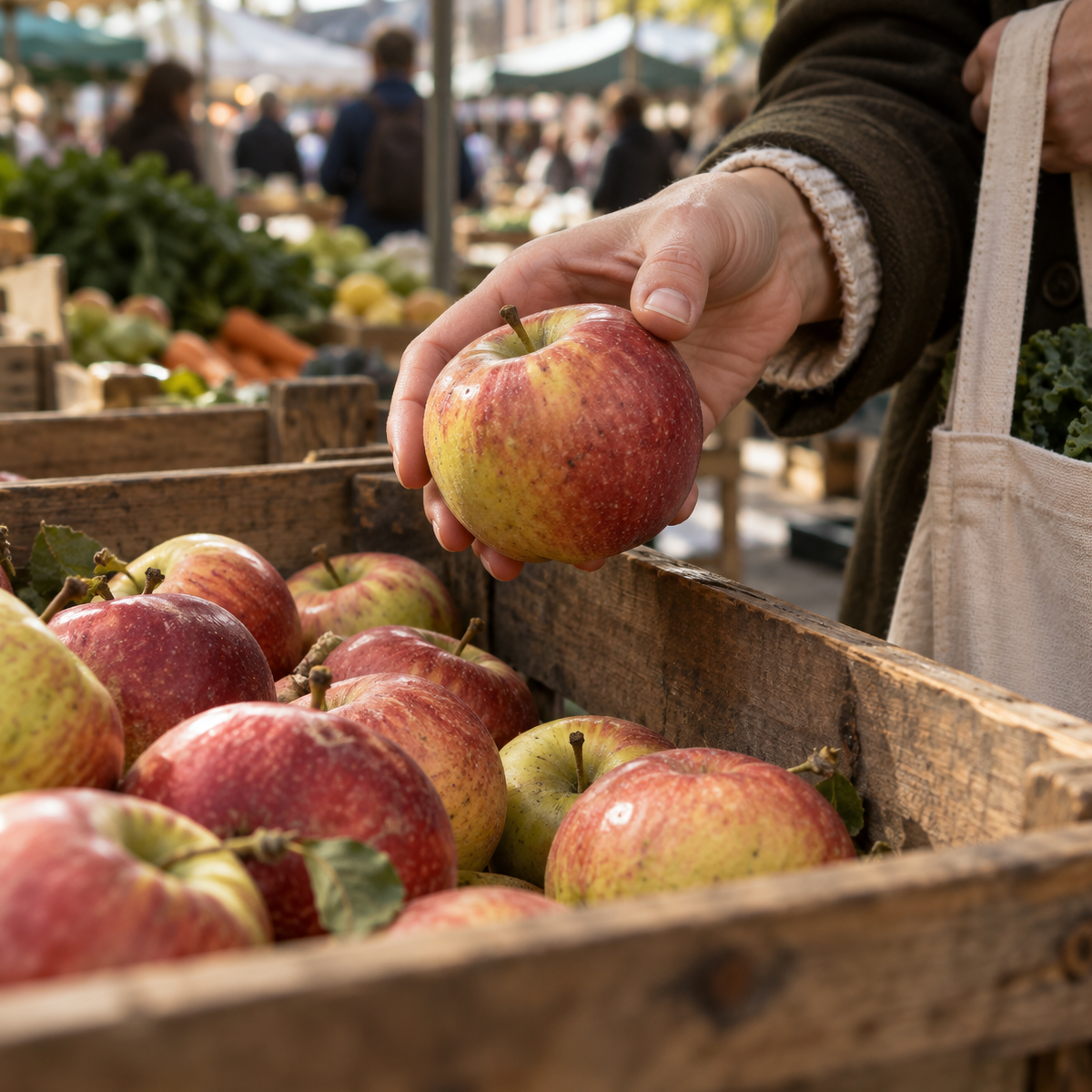 Marylebone Farmers' Market stalls and shoppers alongside the High Street shops, showing the district's food economy on a Sunday morning
